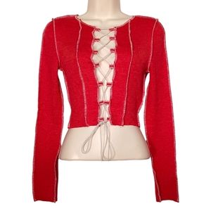 SHEIN Red Ribbed White Lace Up Front Long Sleeve Stretchy Top X-Small